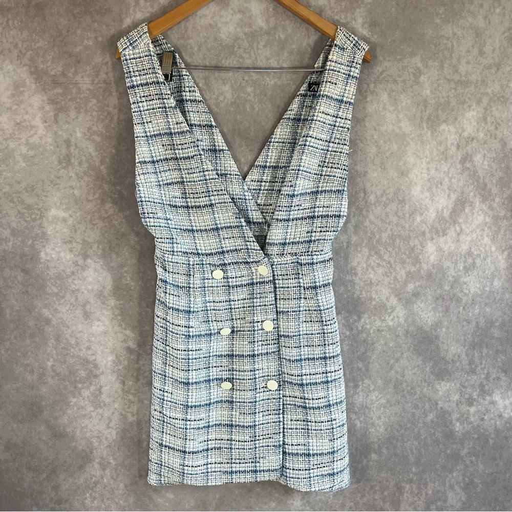 Zara Mini Dress Womens Small Blue White Plaid Pinafore Deep V-Neck Tweed Preppy